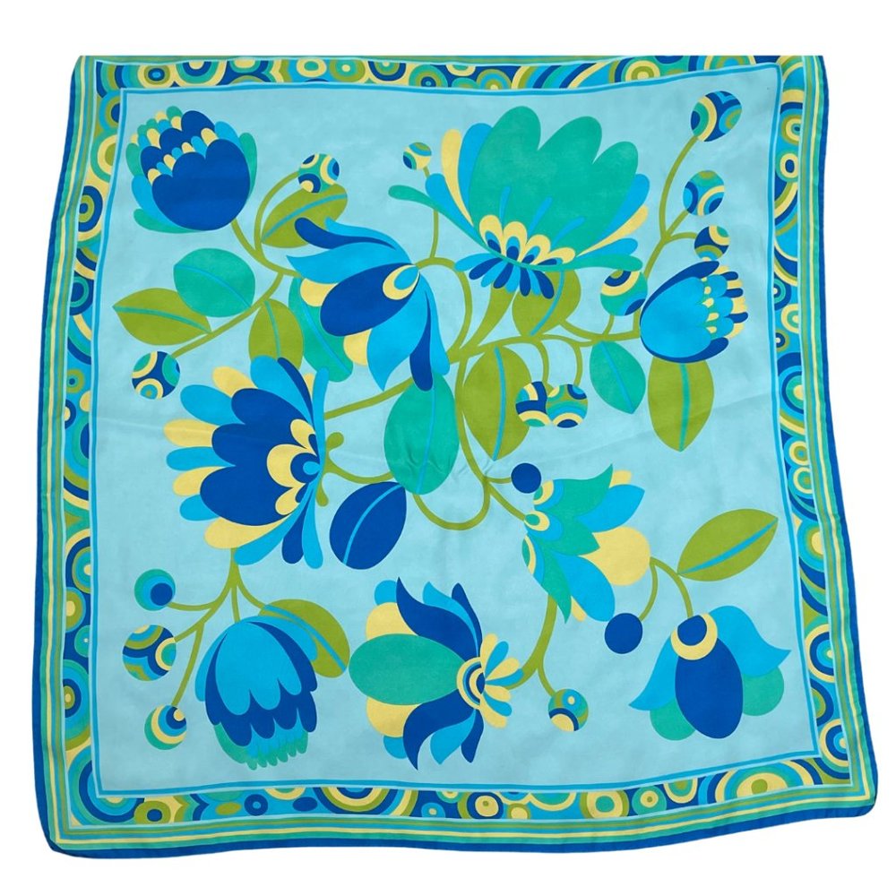 100% Silk Light Blue Green and Yellow Flower Square Scarf